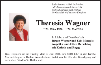 Traueranzeige von Theresia Wagner von  Gelnhäuser Tageblatt