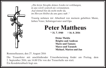 Traueranzeige von Peter Mattheus von  Kreisanzeiger
