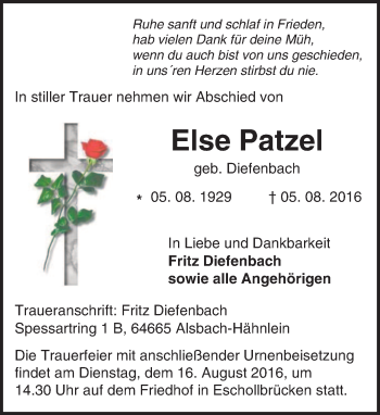 Traueranzeige von Else Patzel von Trauerportal Echo Online