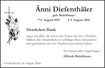 Traueranzeige von Änni Diefenthäler von Trauerportal Rhein Main Presse