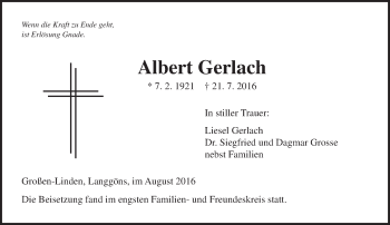 Traueranzeige von Albert Gerlach von  Gießener Anzeiger