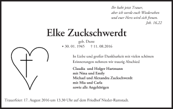 Traueranzeige von Elke Zuckschwerdt von Trauerportal Echo Online