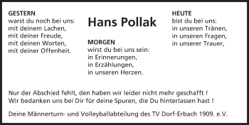 Traueranzeige von Hans Pollak von Trauerportal Echo Online