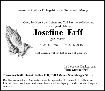 Traueranzeige von Josefine Erff von Trauerportal Rhein Main Presse