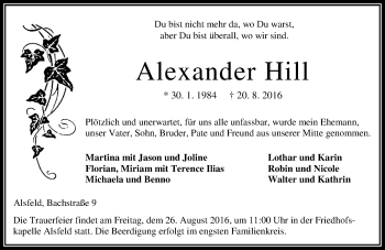 Traueranzeige von Alexander Hill von VRM Trauer