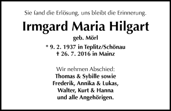 Traueranzeige von Irmgard Maria Hilgart von Trauerportal Rhein Main Presse