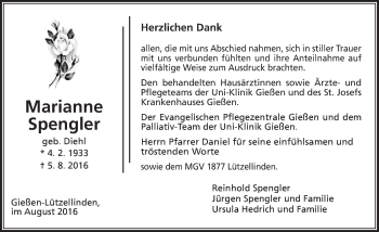 Traueranzeige von Marianne Spengler von  Gießener Anzeiger