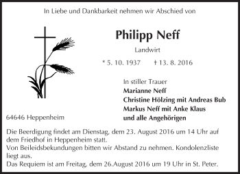 Traueranzeige von Philipp Neff von Trauerportal Echo Online