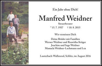 Traueranzeige von Manfred Weidner von  OK Oberhessen Kurier
