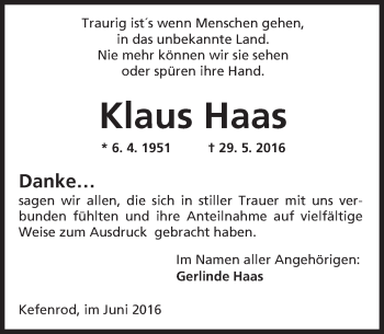 Traueranzeige von Klaus Haas von  Kreisanzeiger