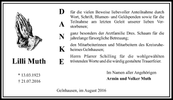 Traueranzeige von Lilli Muth von  Gelnhäuser Tageblatt