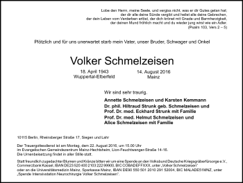 Traueranzeige von Volker Schmelzeisen von Trauerportal Rhein Main Presse