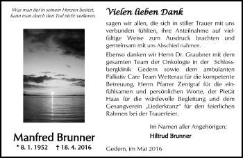 Traueranzeige von Manfred Brunner von  Kreisanzeiger