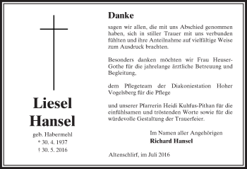 Traueranzeige von Liesel Hansel von  OK Oberhessen Kurier