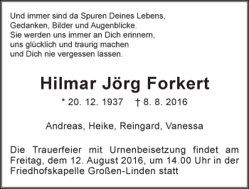 Traueranzeige von Hilmar Jörg Forkert von  Gießener Anzeiger