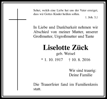 Traueranzeige von Liselotte Zück von  Gießener Anzeiger