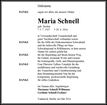 Traueranzeige von Maria Schnell von VRM Trauer