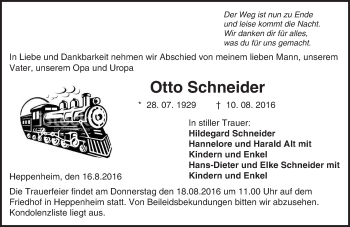 Traueranzeige von Otto Schneider von Trauerportal Echo Online