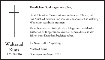 Traueranzeige von Waltraud Kunz von Trauerportal Rhein Main Presse