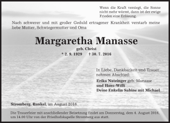 Traueranzeige von Margaretha Manasse von Trauerportal Rhein Main Presse