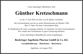 Traueranzeige von Günther Kretzschmann von Trauerportal Rhein Main Presse