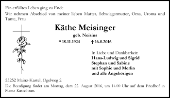 Traueranzeige von Käthe Meisinger von Trauerportal Rhein Main Presse