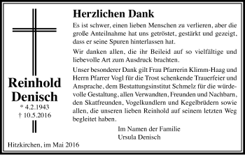 Traueranzeige von Reinhold Denisch von  Kreisanzeiger