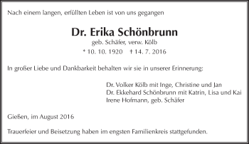 Traueranzeige von Erika Schönbrunn von  Gießener Anzeiger
