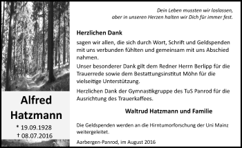 Traueranzeige von Alfred Hatzmann von Trauerportal Rhein Main Presse