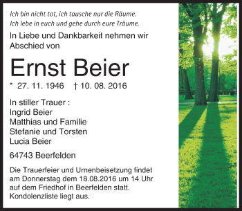 Traueranzeige von Ernst Beier von Trauerportal Echo Online