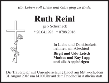 Traueranzeige von Ruth Reinl von Trauerportal Echo Online