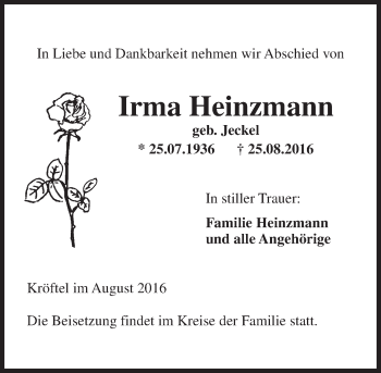 Traueranzeige von Irma Heinzmann von Trauerportal Rhein Main Presse
