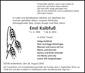 Traueranzeige von Emil Kalbfuß von Trauerportal Rhein Main Presse