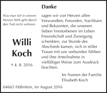 Traueranzeige von Willi Koch von Trauerportal Echo Online