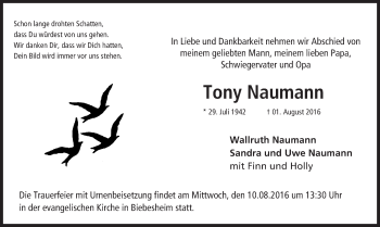 Traueranzeige von Tony Naumann von Trauerportal Rhein Main Presse