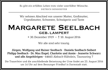 Traueranzeige von Margarete Seelbach von Trauerportal Echo Online