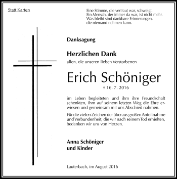 Traueranzeige von Erich Schöniger von VRM Trauer