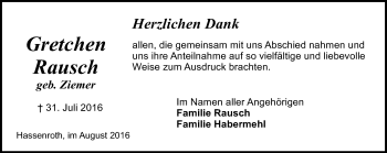Traueranzeige von Gretchen Rausch von Trauerportal Echo Online