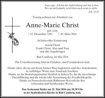 Traueranzeige von Anne-Marie Christ von  Camberger Anzeiger