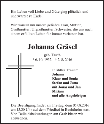 Traueranzeige von Johanna Gräsel von Trauerportal Rhein Main Presse