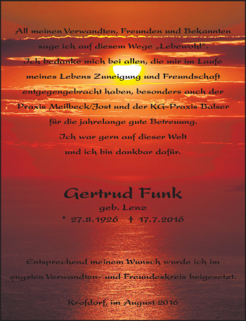 Traueranzeige von Gertrud Funk von  Gießener Anzeiger