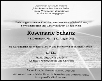 Traueranzeige von Rosemarie Schanz von Trauerportal Rhein Main Presse
