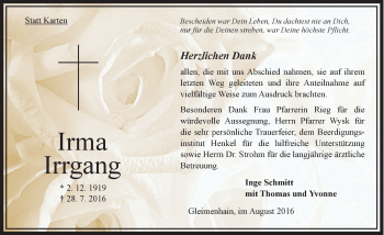 Traueranzeige von Irma Irrgang von  OK Oberhessen Kurier