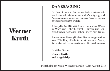 Traueranzeige von Werner Kurth von Trauerportal Rhein Main Presse