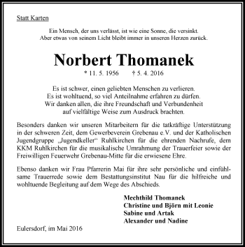 Traueranzeige von Norbert Thomanek von VRM Trauer