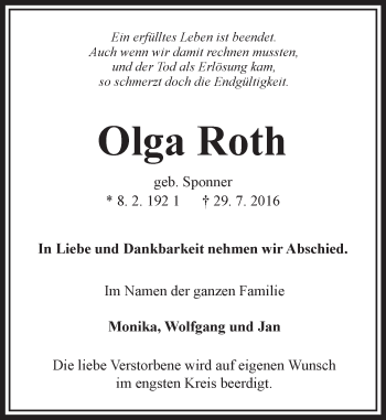 Traueranzeige von Olga Roth von VRM Trauer