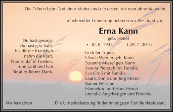 Traueranzeige von Erna Kann von Trauerportal Echo Online