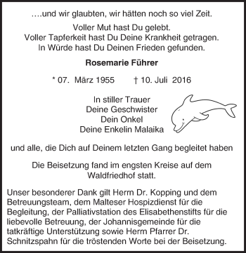 Traueranzeige von Rosemarie Führer von Trauerportal Echo Online