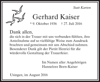 Traueranzeige von Gerhard Kaiser von  Usinger Anzeiger