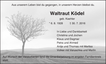 Traueranzeige von Waltraut Ködel von Trauerportal Echo Online